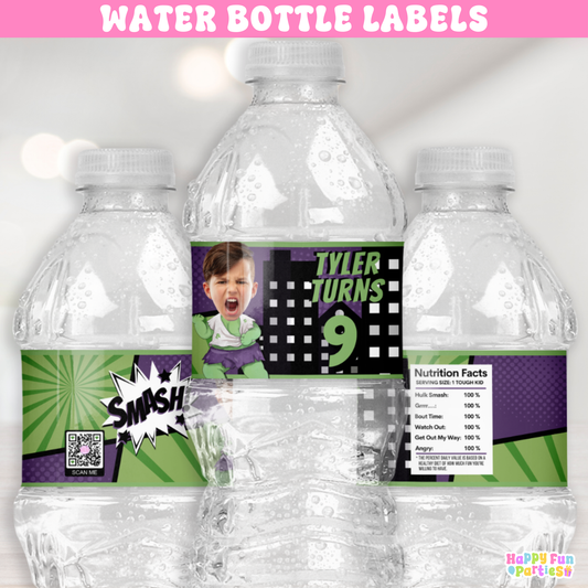 Green Smasher Hero Water Bottle Labels | Personalized Comic Party Stickers