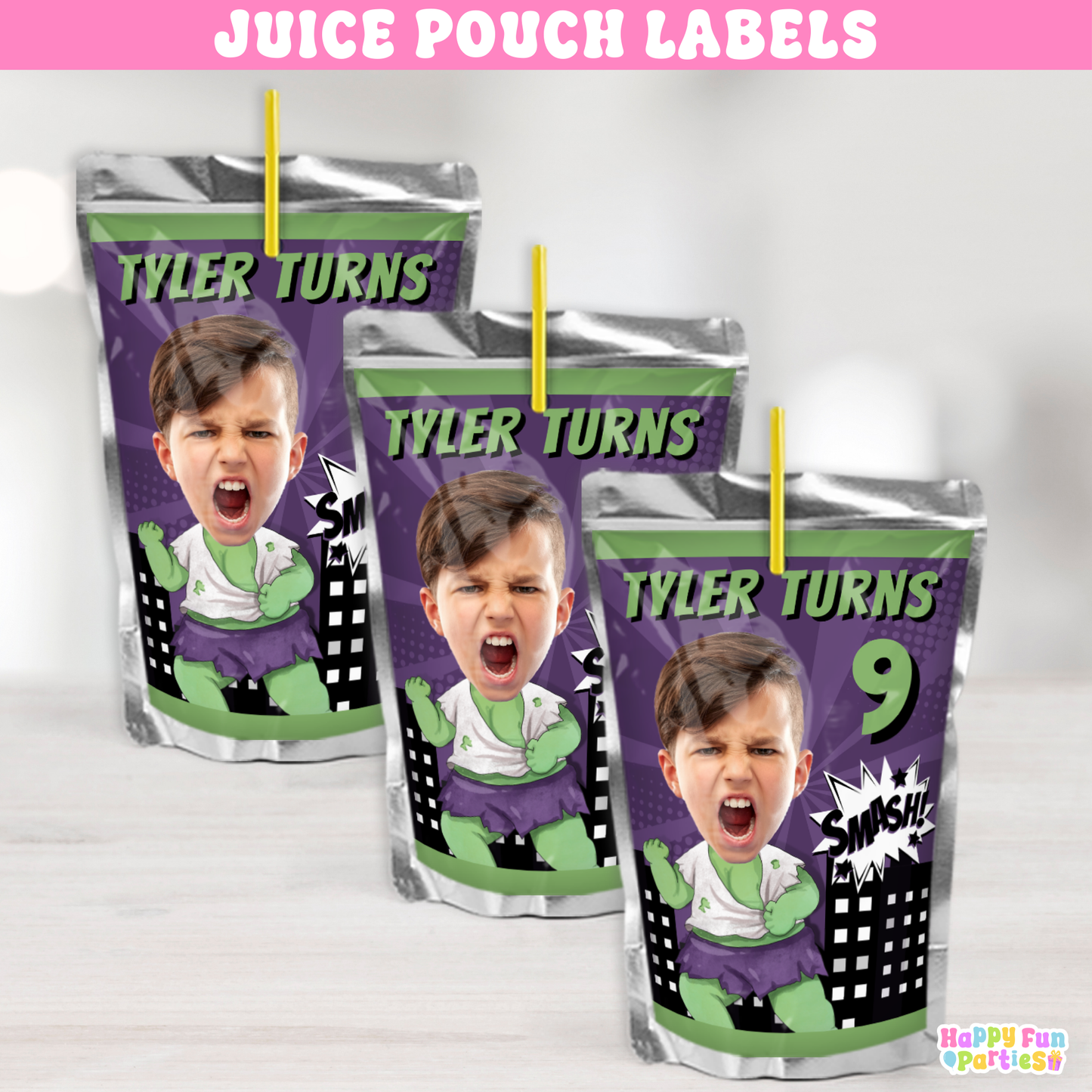 Custom Green Smasher Hero Juice Labels | Personalized Birthday Drink Stickers