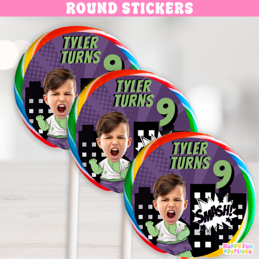 Personalized Green Superhero Stickers | Custom Comic Party Labels