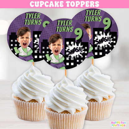 Green Superhero Cupcake Toppers | Personalized Comic Party Decorations