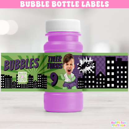 Personalized Green Superhero Bubble Bottle Labels | Comic Party Stickers