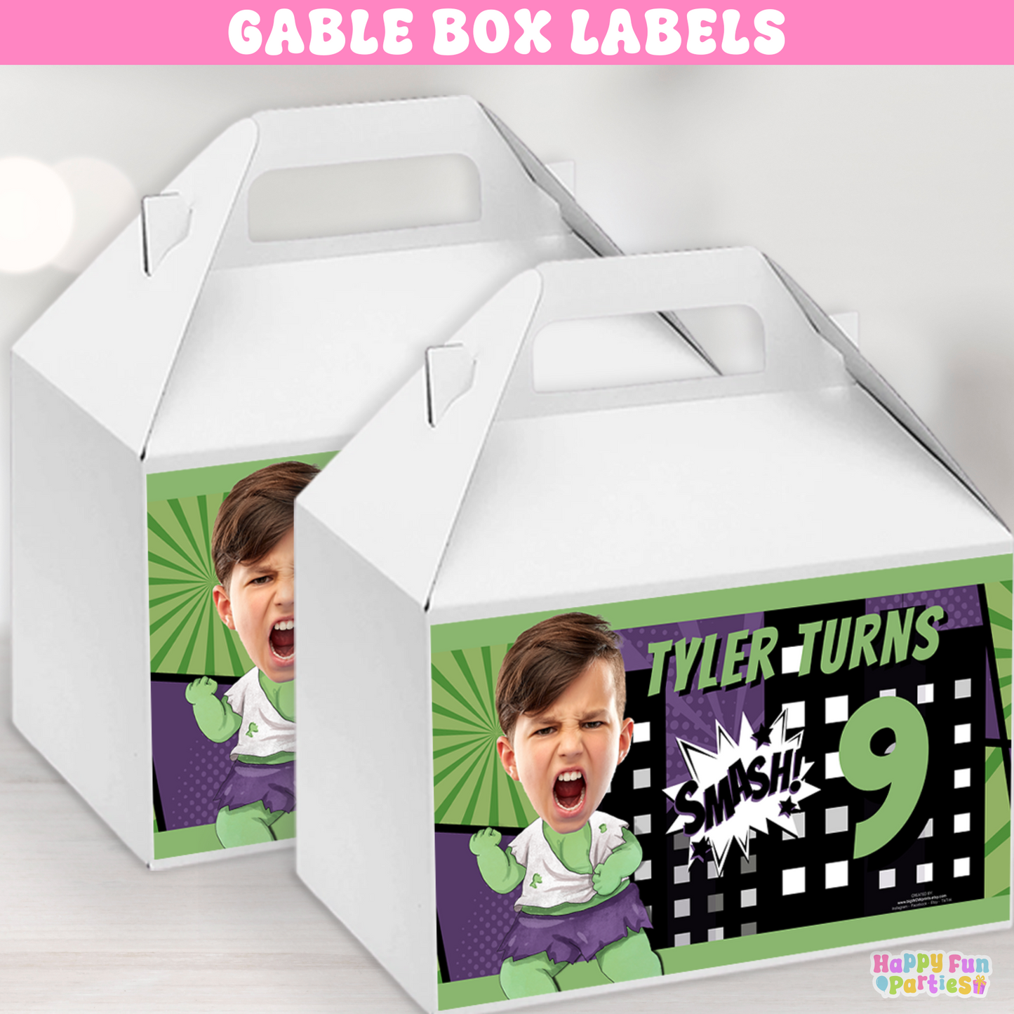 Green Superhero Gable Box Labels | Personalized Comic Favor Stickers