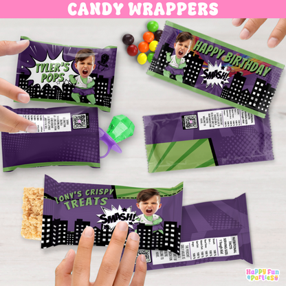 Custom Green Superhero Candy Wrappers | Personalized Birthday Favors