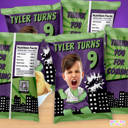 Digital Green Superhero Party Favors | Printable Snack Bags, Labels & Decorations