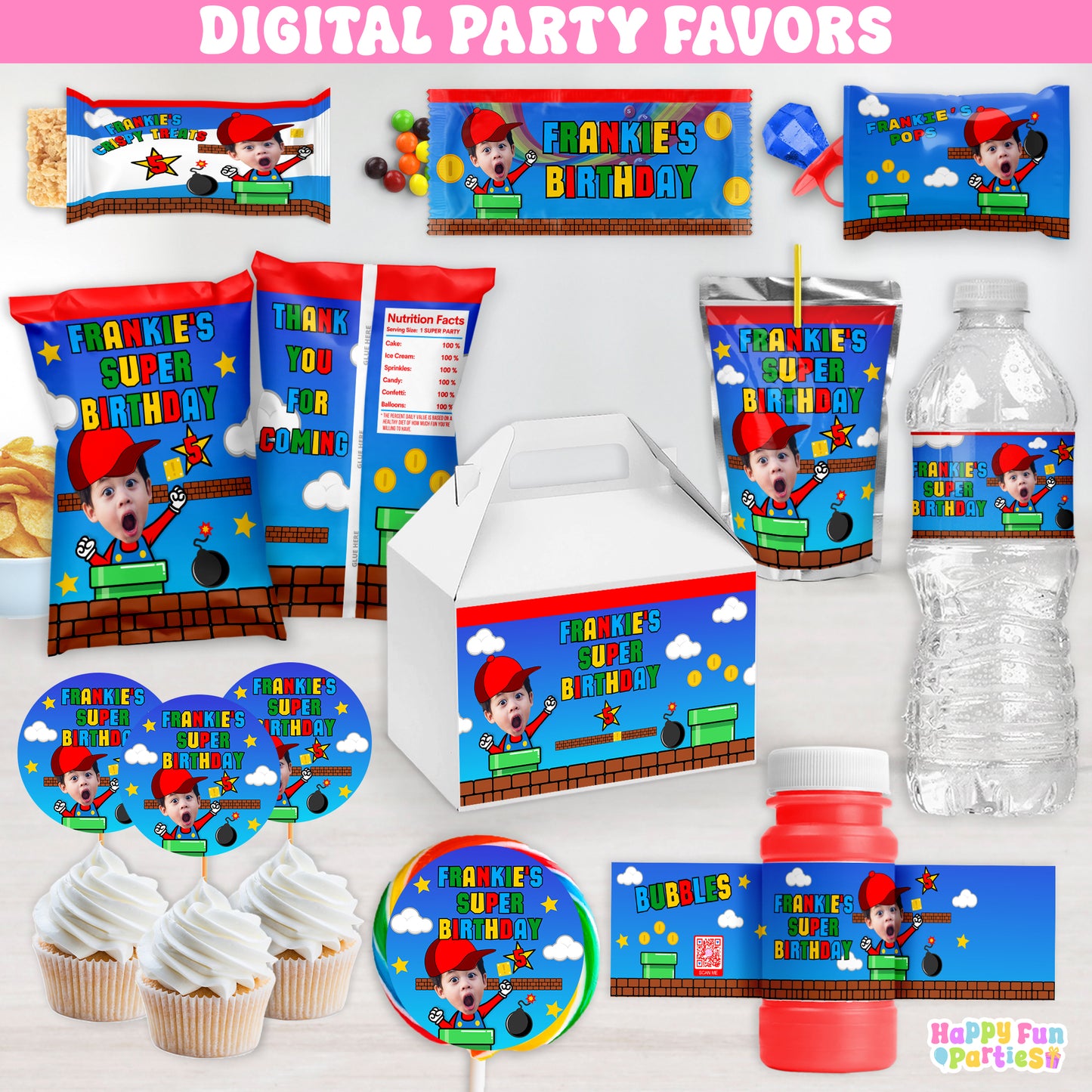 Digital Arcade Party Favors | Printable Snack Bags, Labels & Decorations