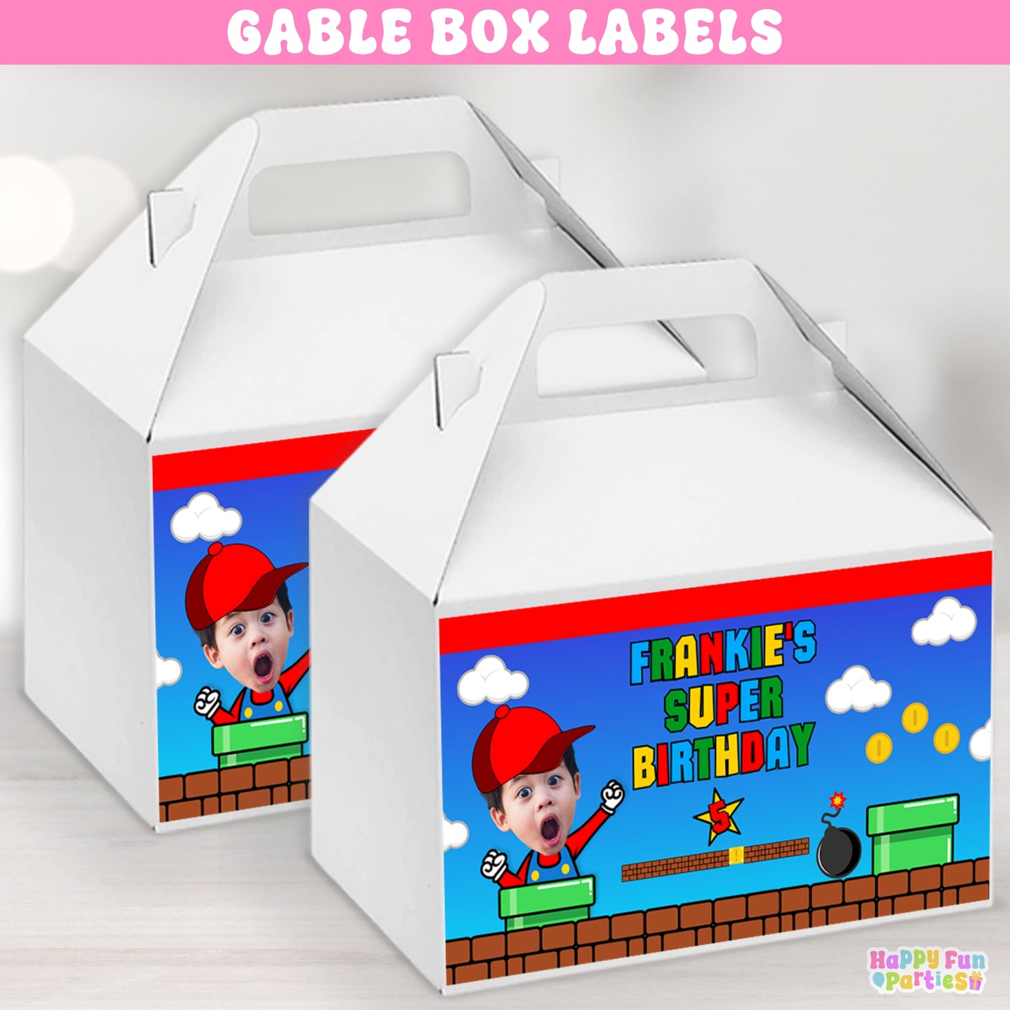 Pixel Gable Box Labels | Personalized Arcade Favor Stickers