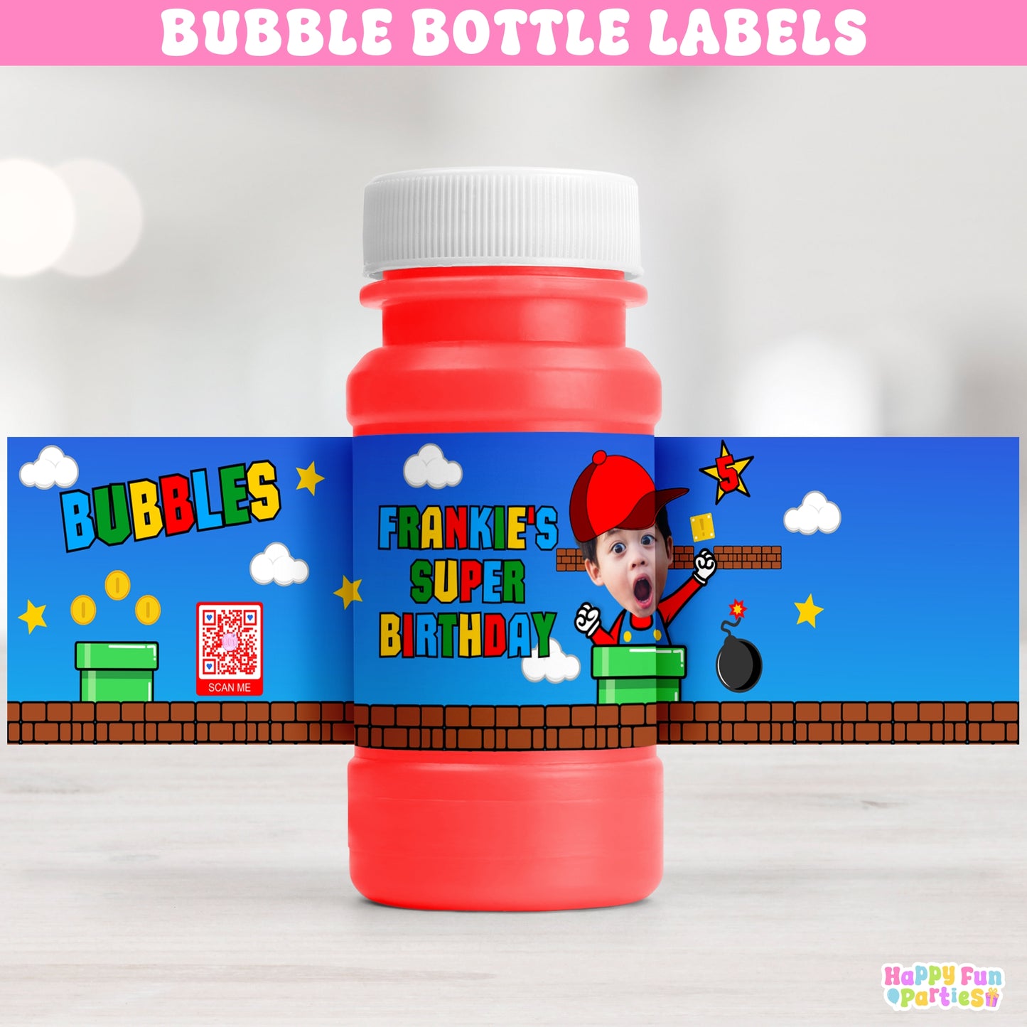 Personalized Retro Bubble Bottle Labels | Video Game Party Stickers