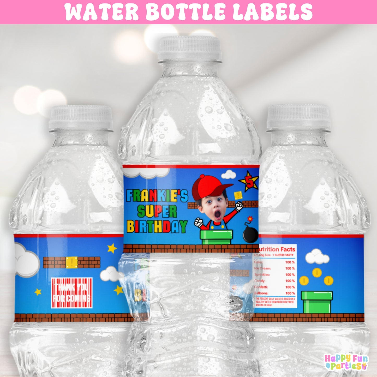 Retro Gaming Water Bottle Labels | Personalized Arcade Party Stickers