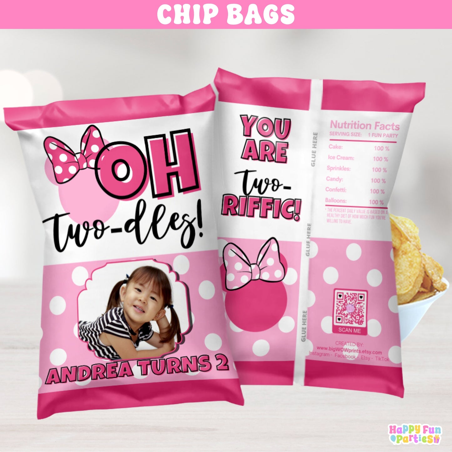 Personalized Oh Twodles Chip Bag Party Favors | Polka Dots 2nd Birthday Snack Goody Bags