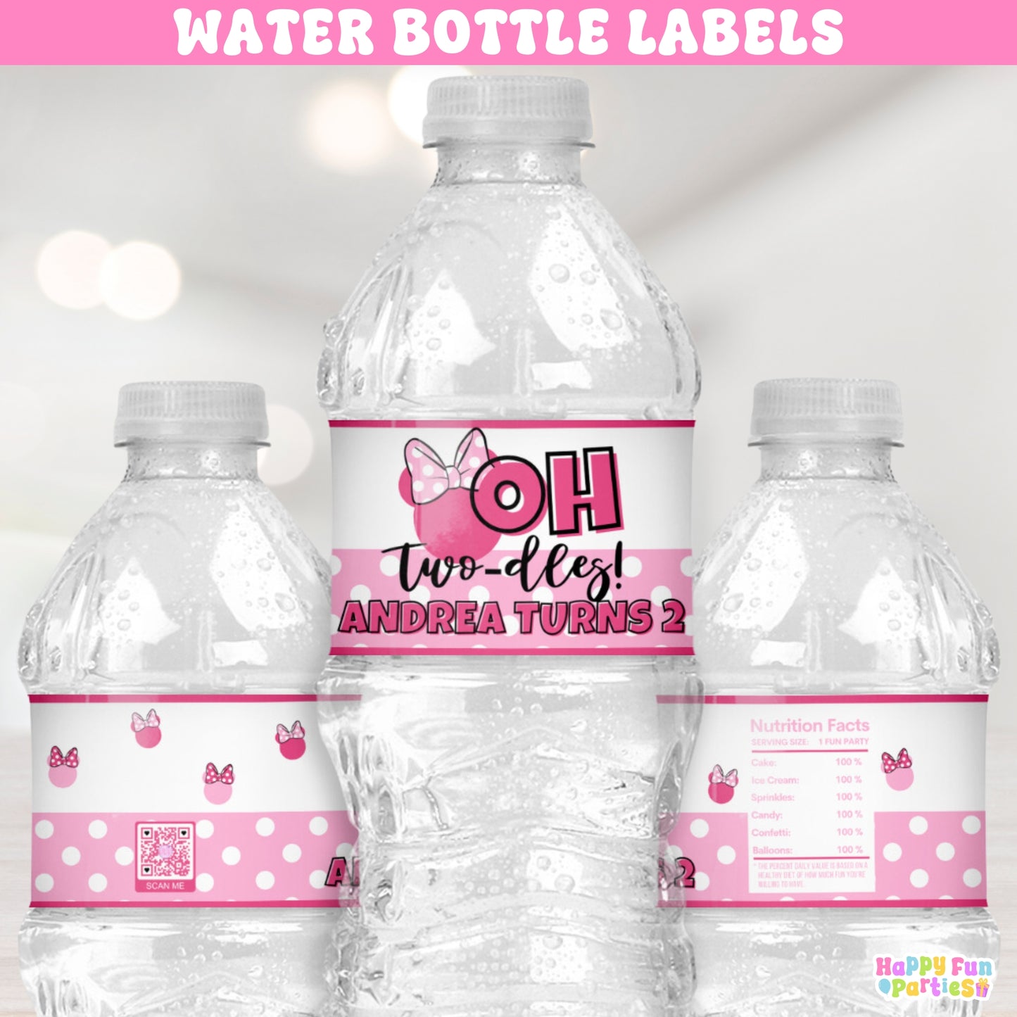 Personalized Oh Twodles Water Bottle Labels | Pink 2nd Birthday Drink Wraps