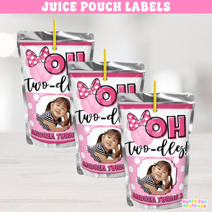 Personalized Oh Twodles Juice Pouch Labels |  Pink 2nd Birthday Party Stickers