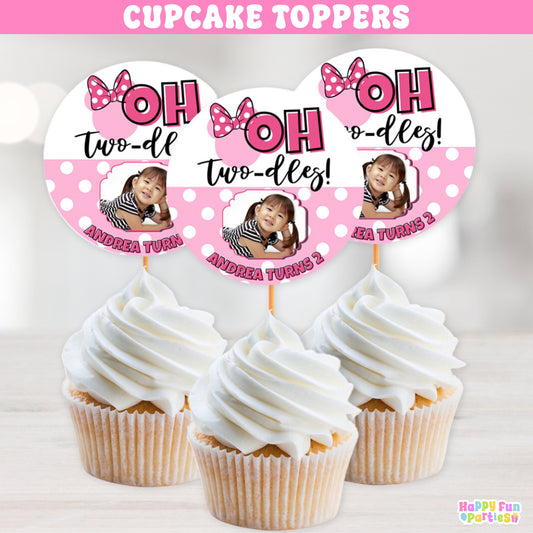 Personalized Oh Twodles Mouse Cupcake Toppers | Pink Bow 2nd Birthday Party Picks