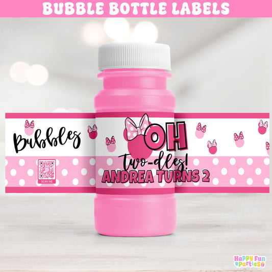 Personalized Oh Twodles Bubble Bottle Labels | Pink Polka Dot 2nd Birthday Party Stickers