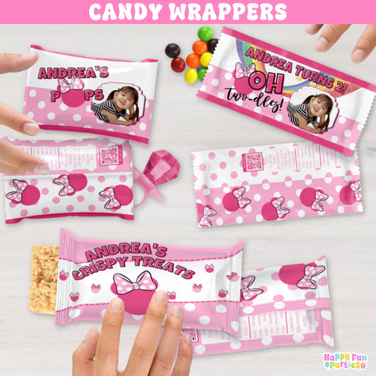 Personalized Oh Twodles Candy Bag Wrappers | Pink Bow 2nd Birthday Party Favor Labels