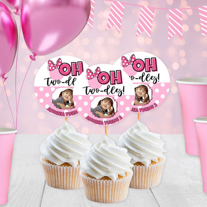 Personalized Oh Twodles Mouse Cupcake Toppers | Pink Bow 2nd Birthday Party Picks