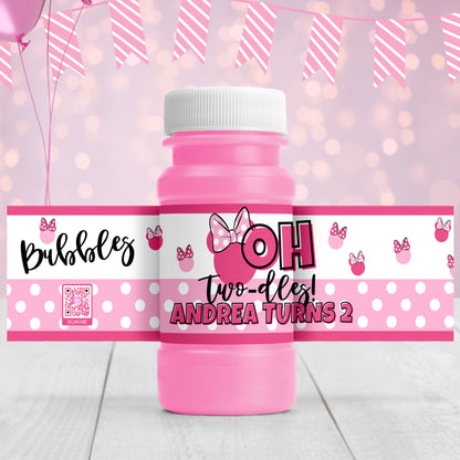 Personalized Oh Twodles Bubble Bottle Labels | Pink Polka Dot 2nd Birthday Party Stickers