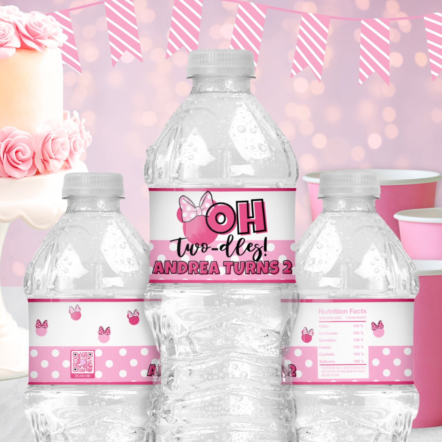 Personalized Oh Twodles Water Bottle Labels | Pink 2nd Birthday Drink Wraps