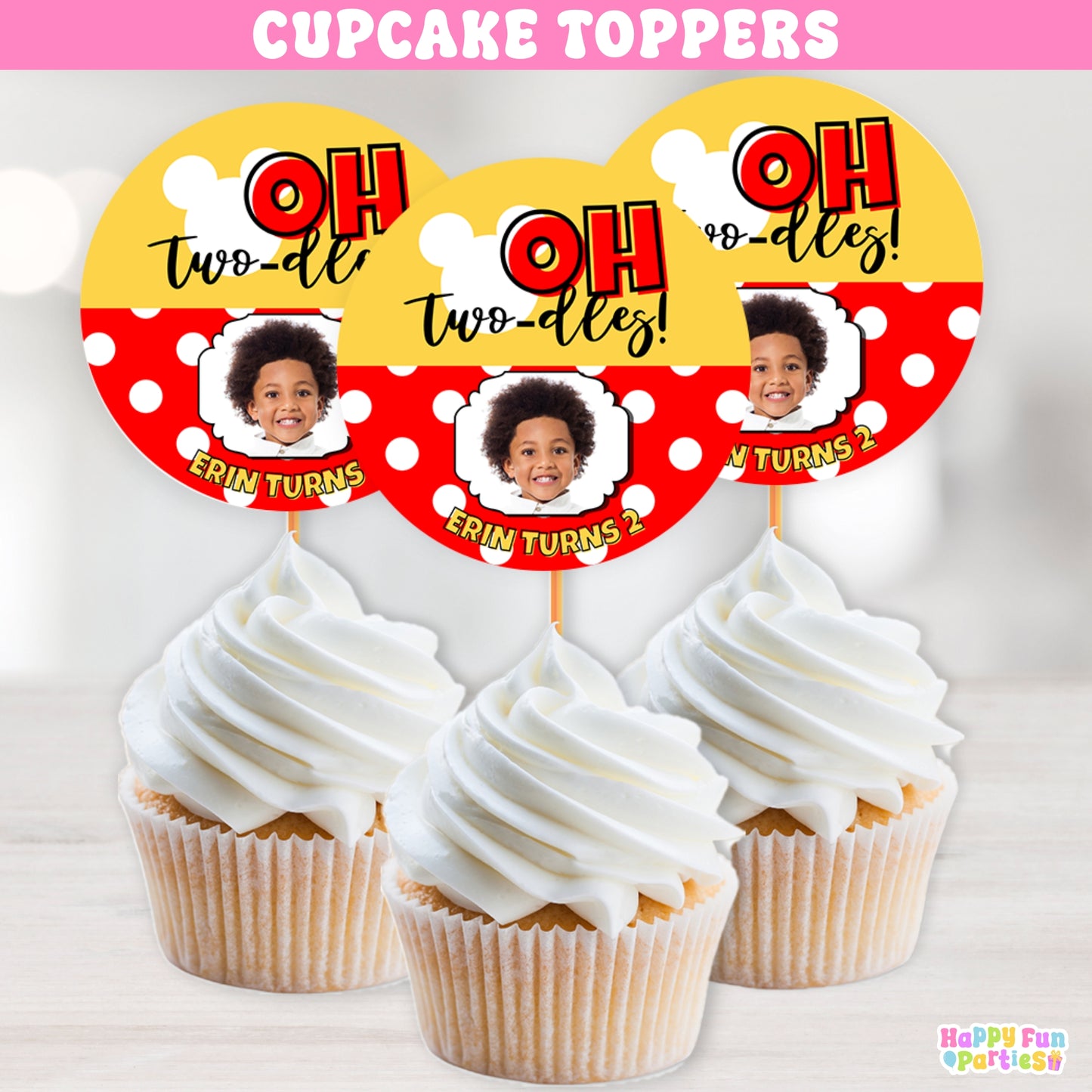 Personalized Mouse Cupcake Toppers | Oh Twodoles 2nd Birthday Party Decor