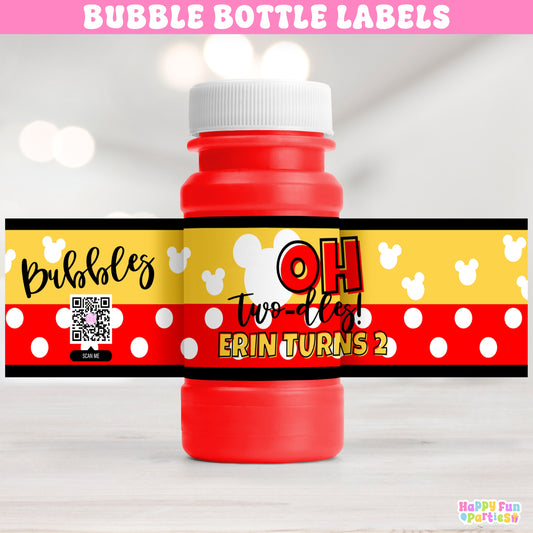 Personalized Oh Twodles Mouse Party Bubble Bottle Labels | 2nd Birthday Party Favors