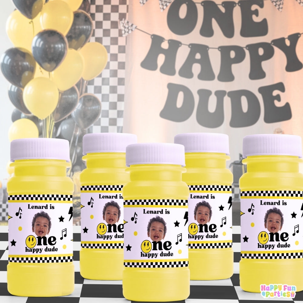 Personalized One Happy Dude Bubble Bottle Labels | Retro Party Stickers