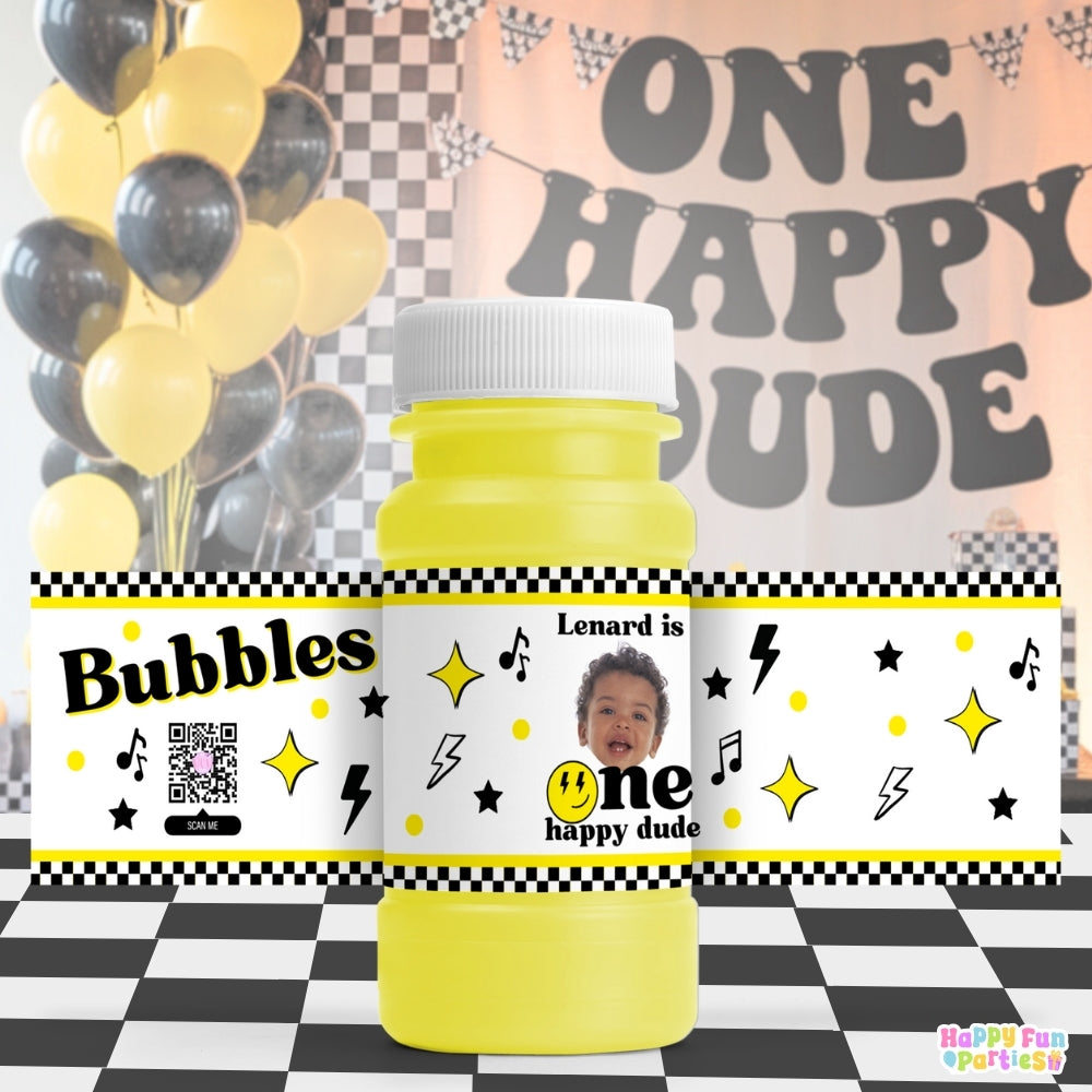 Personalized One Happy Dude Bubble Bottle Labels | Retro Party Stickers