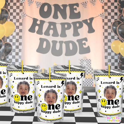 Custom One Happy Dude Juice Labels | Personalized Retro Birthday Drink Stickers