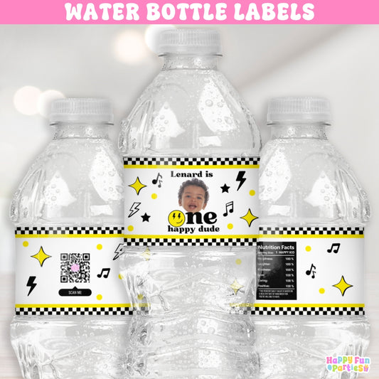 One Happy Dude Water Bottle Labels | Personalized Retro Party Stickers