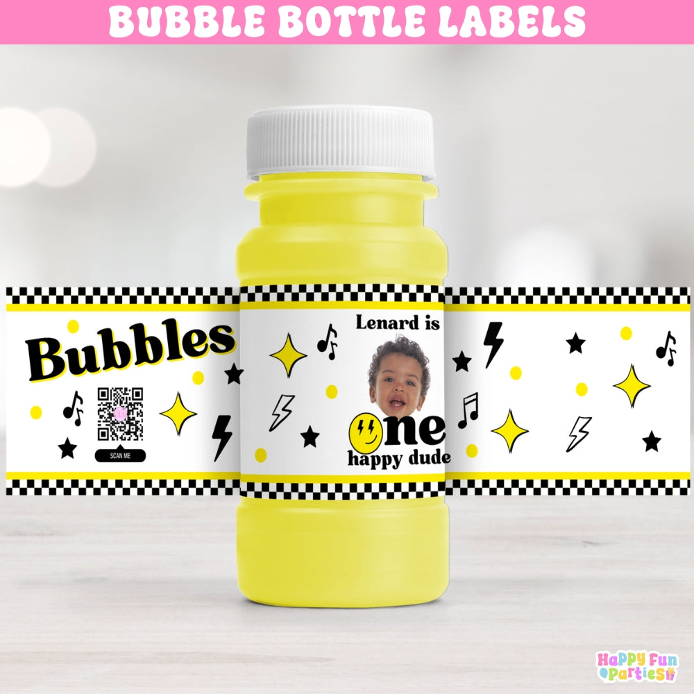 Personalized One Happy Dude Bubble Bottle Labels | Retro Party Stickers