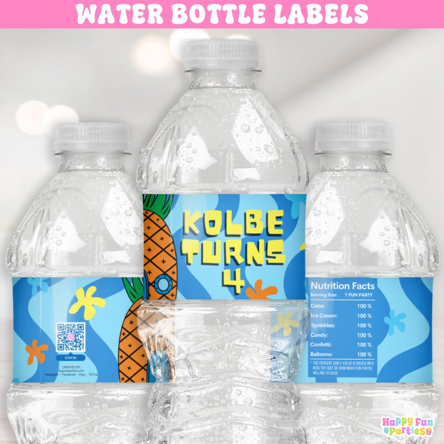 Personalized Pineapple Water Bottle Labels | Tropical Party Drink Decorations