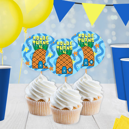 Personalized Pineapple Cupcake Toppers | Underwater Tropical Birthday Decorations