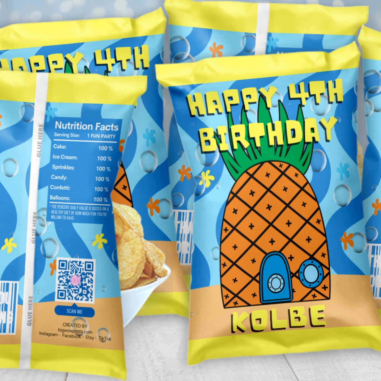 Personalized Pineapple Chip Bag Labels | Tropical Underwater Party Favors