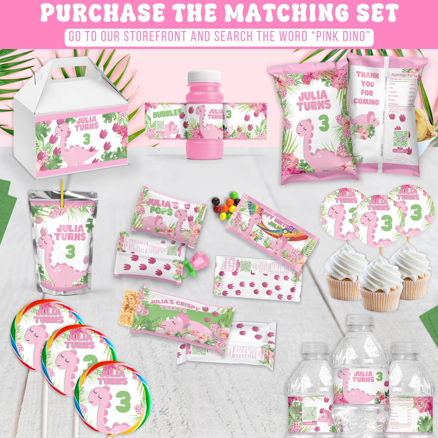 Girls' Personalized Pink Dinosaur Candy Wrappers | Fun Prehistoric Party Favors