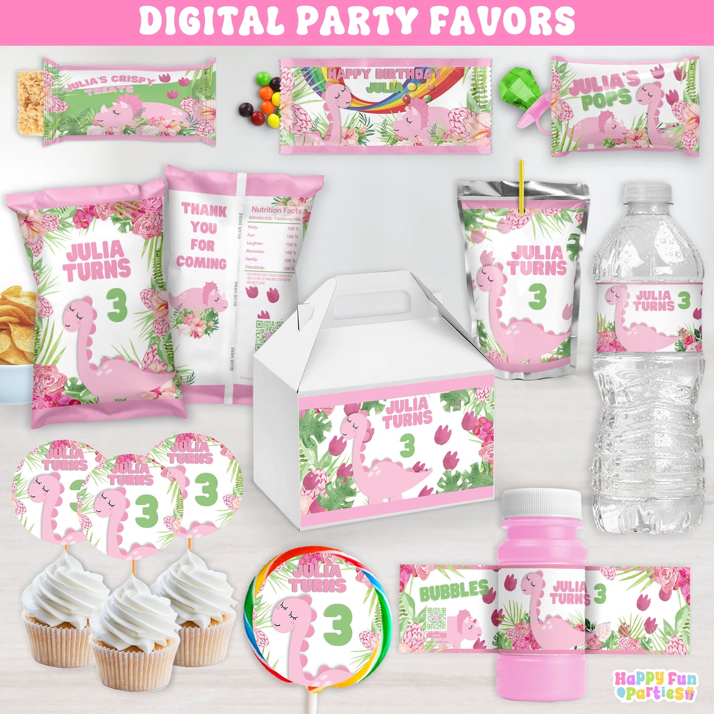 Personalized Pink Dinosaur Party Favors | Jurassic Birthday Decorations | Digital Download