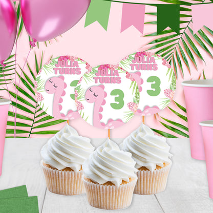 Dinosaur Cupcake Toppers | Personalized Pink Dino Party Decorations