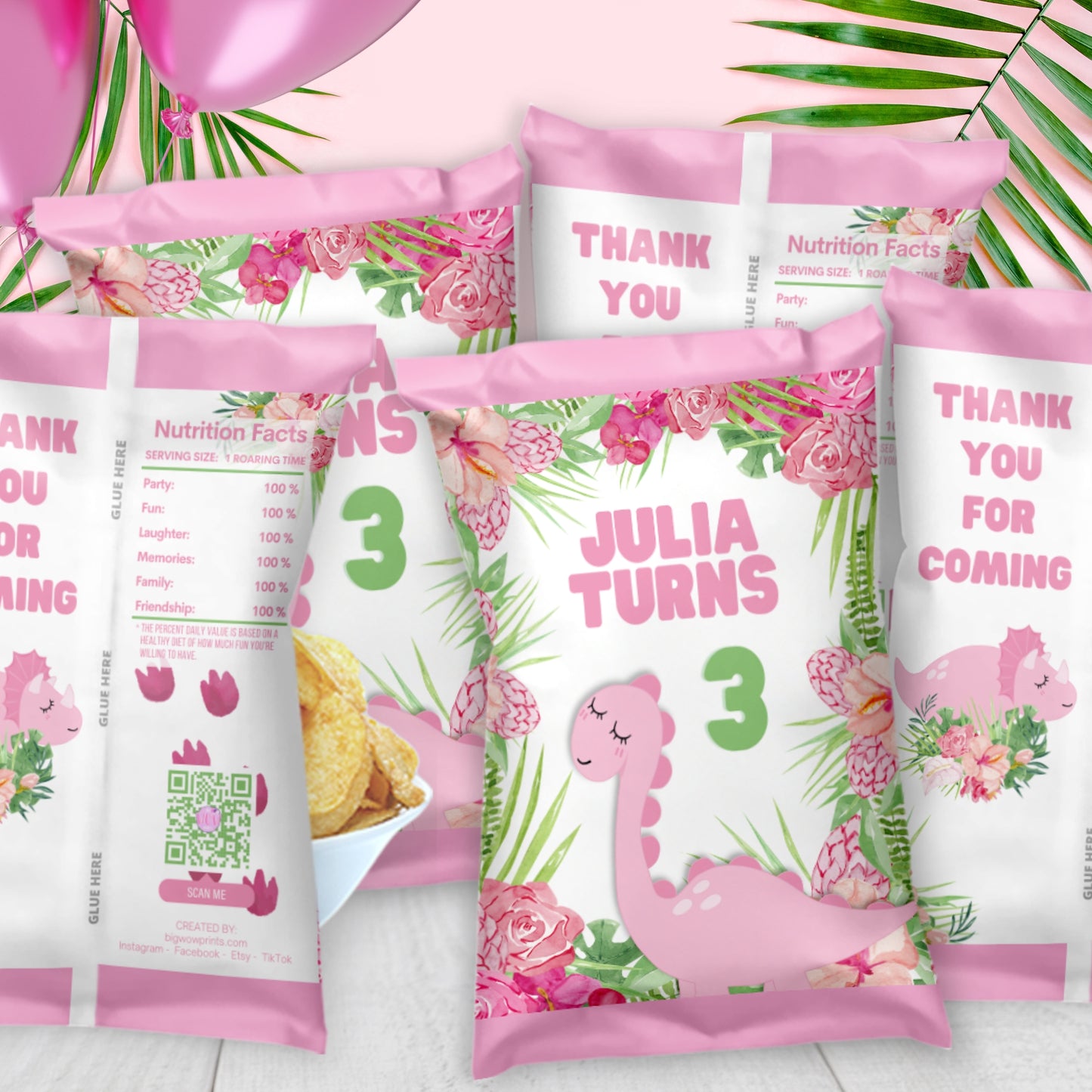 Pink Dinosaur Chip Bags | Custom Dino-Themed Party Treat Bags