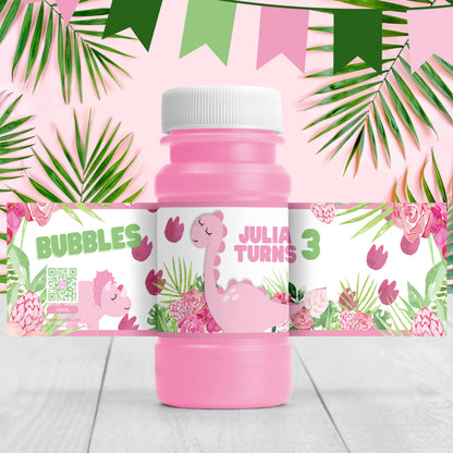 Pink Dinosaur Bubble Bottle Labels | Personalized Jurassic Party Favors