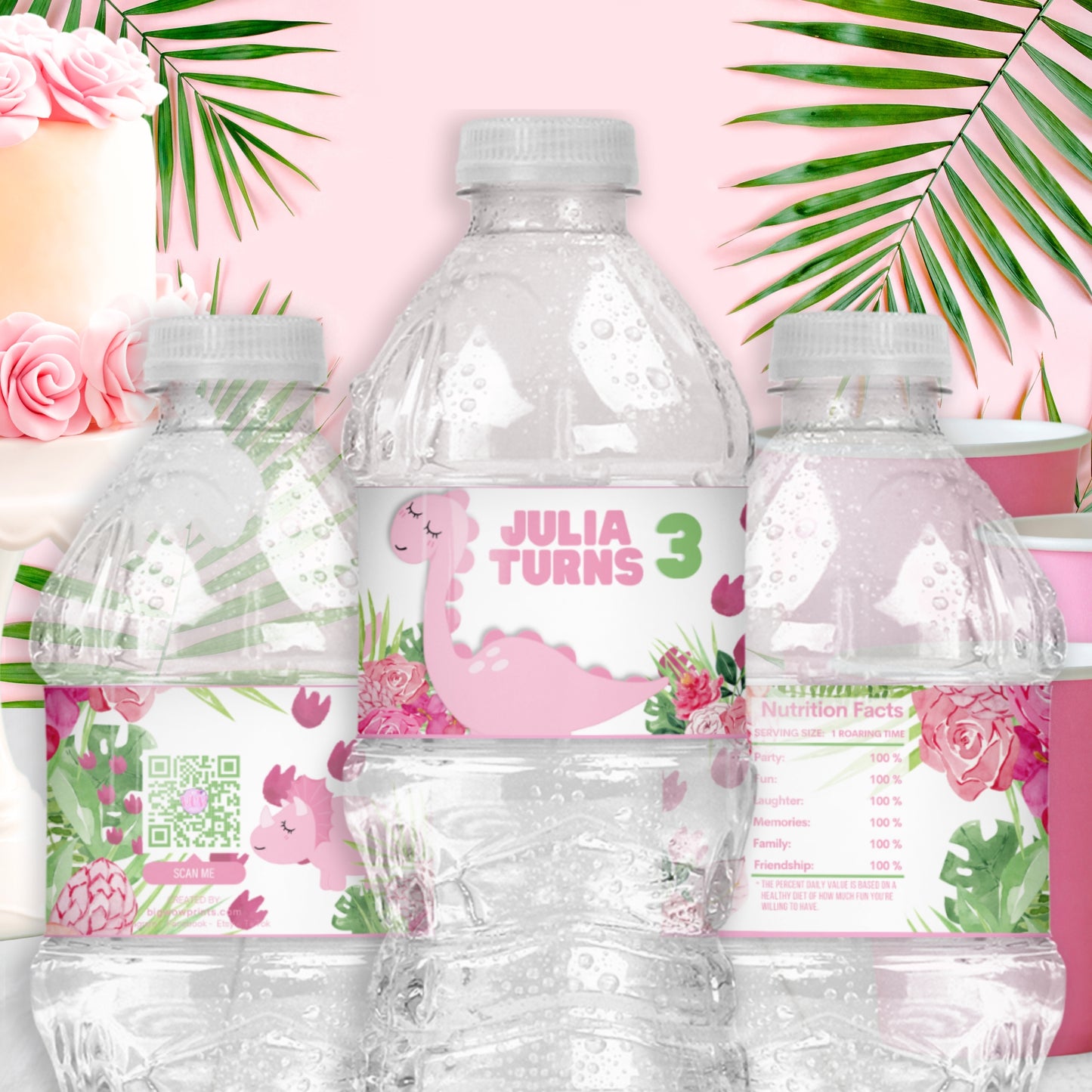 Custom Pink Dinosaur Water Bottle Labels | Cute Jurassic Party Supplies