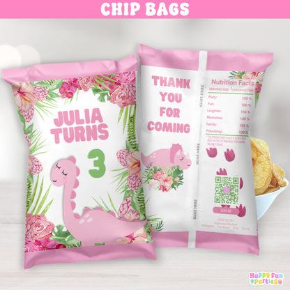 Pink Dinosaur Chip Bags | Custom Dino-Themed Party Treat Bags