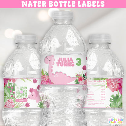 Custom Pink Dinosaur Water Bottle Labels | Cute Jurassic Party Supplies