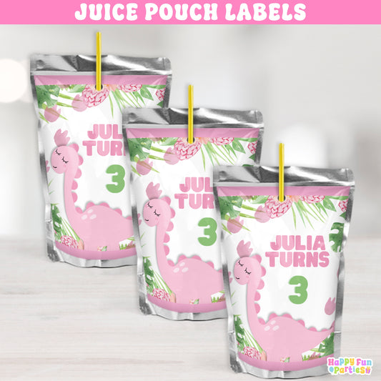 Personalized Pink Dinosaur Juice Pouch Stickers | Fun Party Drink Labels