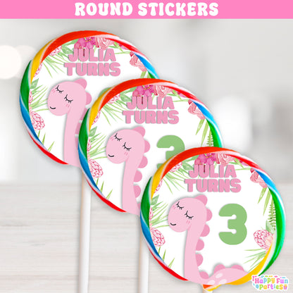 Girls' Personalized Pink Dinosaur Lollipop Label Stickers | Prehistoric Party Fun