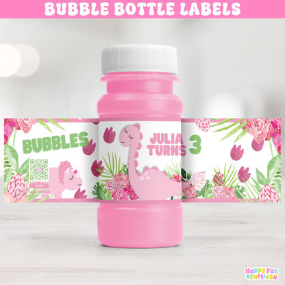 Pink Dinosaur Bubble Bottle Labels | Personalized Jurassic Party Favors