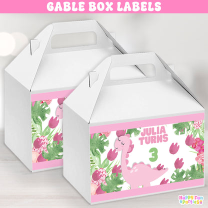 Tropical Pink Dinosaur Gable Box Labels | Custom Favor Box Stickers