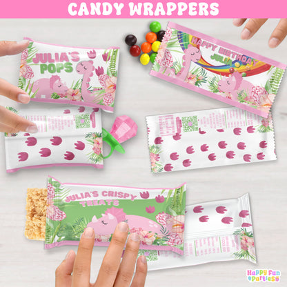 Girls' Personalized Pink Dinosaur Candy Wrappers | Fun Prehistoric Party Favors