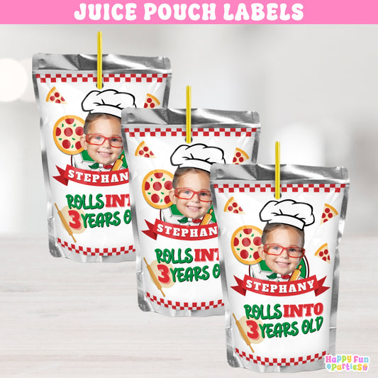 Personalized Pizza Party Juice Pouch Labels | Custom Birthday Drink Stickers