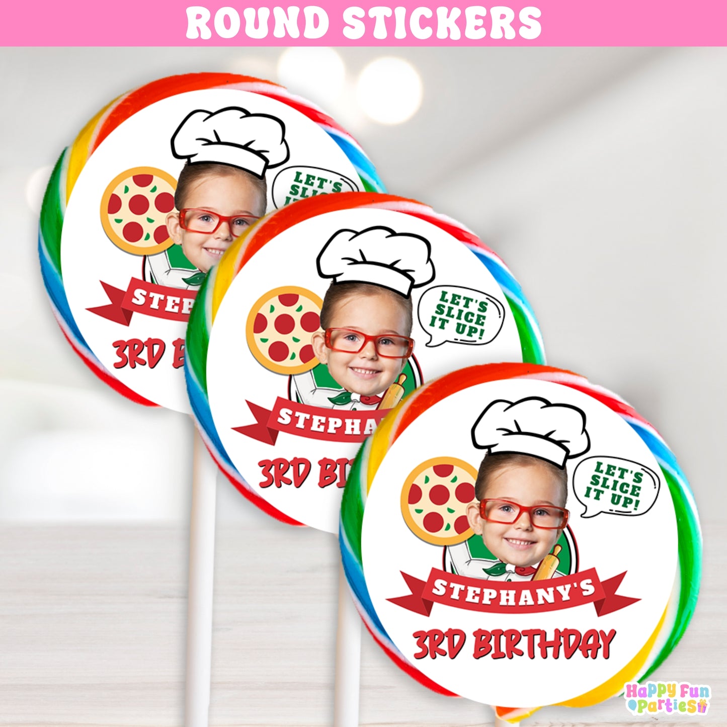 Personalized Pizza Birthday Lollipop Stickers | Custom Party Favors