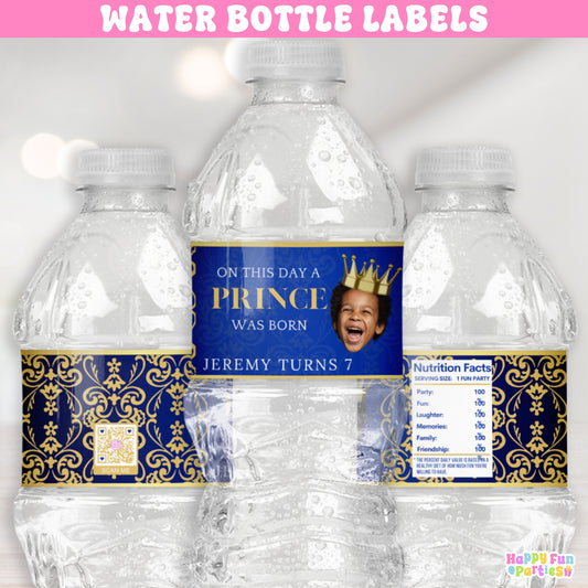 Elegant Royal Water Bottle Labels | Personalized Prince Party Stickers