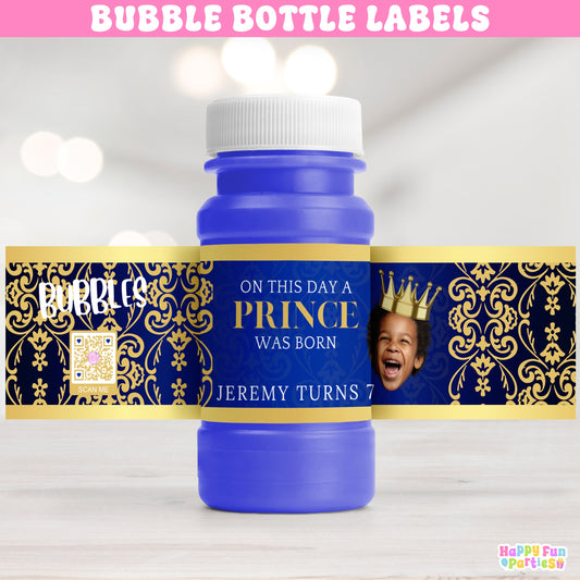 Personalized Royal Bubble Bottle Labels | Prince Party Stickers