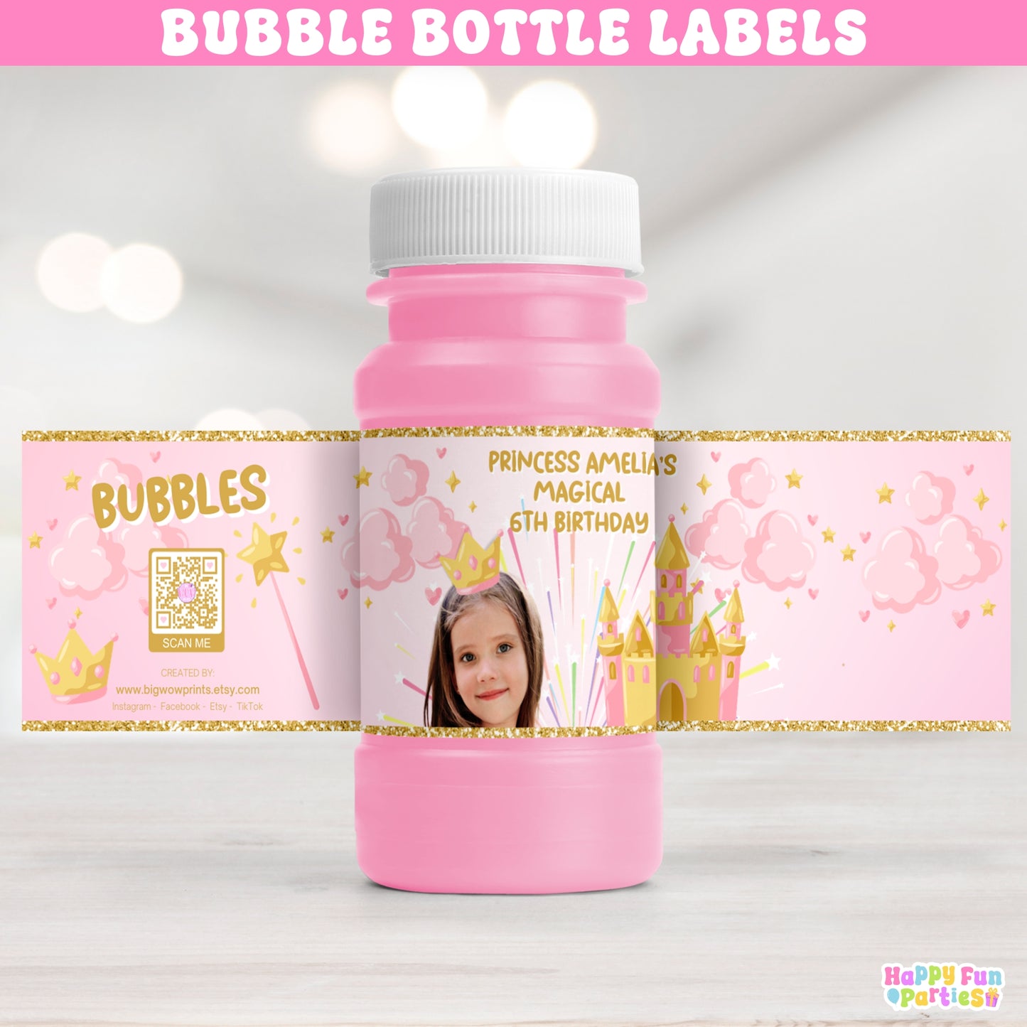 Personalized Princess Bubble Bottle Labels | Custom Pink & Gold Castle Party Favors