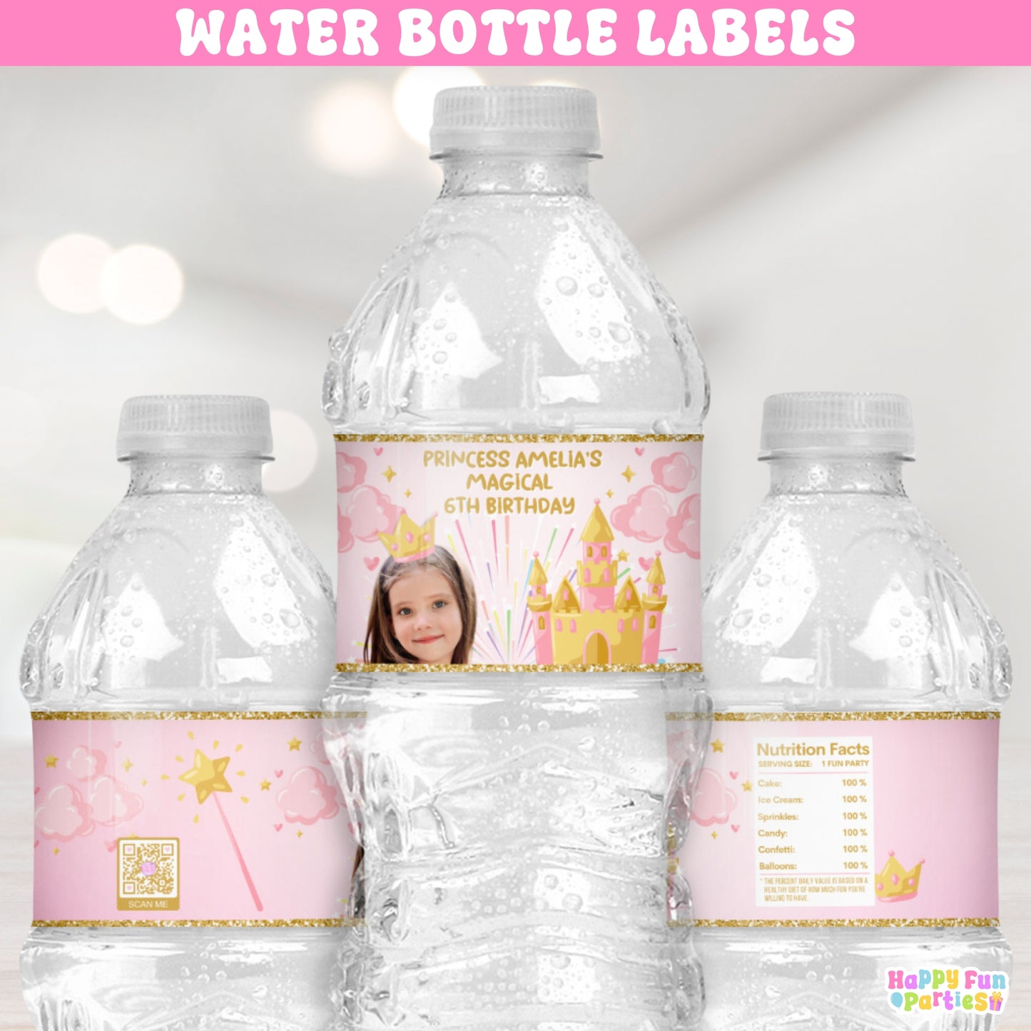 Personalized Princess Water Bottle Labels | Custom Pink & Gold Castle Party Supplies